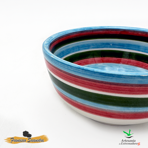 Detalle Imagen de cuenco de cerámica con líneas horizontales de varios colores, azul, rojo, blanco, y verde.