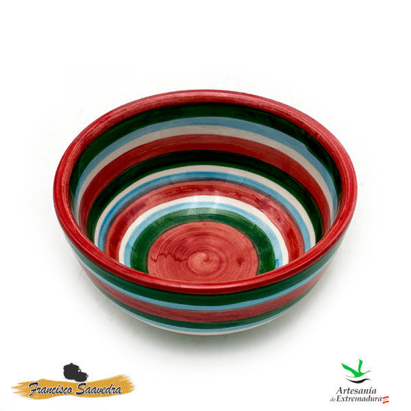 Imagen de cuenco de cerámica con líneas horizontales de varios colores, rojo, verde, azul y blanco